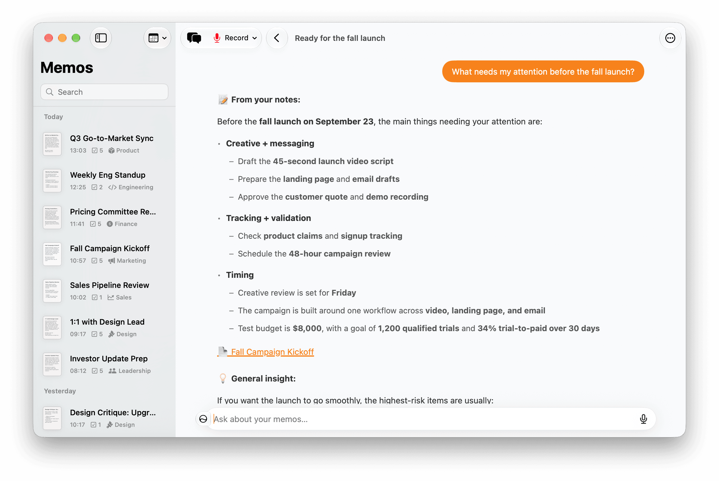 Memo answering a question about a launch, with a link to the source note