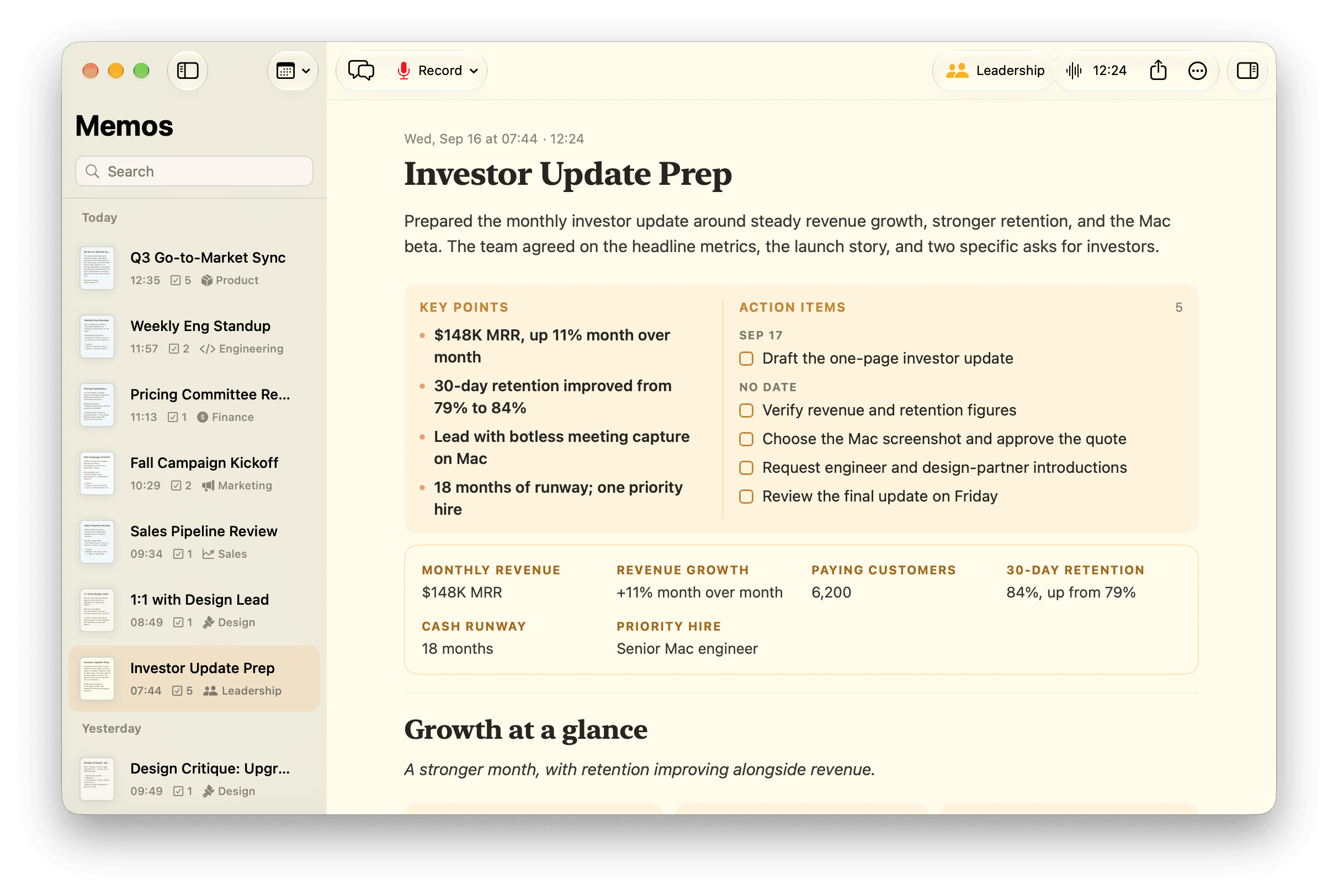 Memo on Mac showing an organized investor update with key points and action items