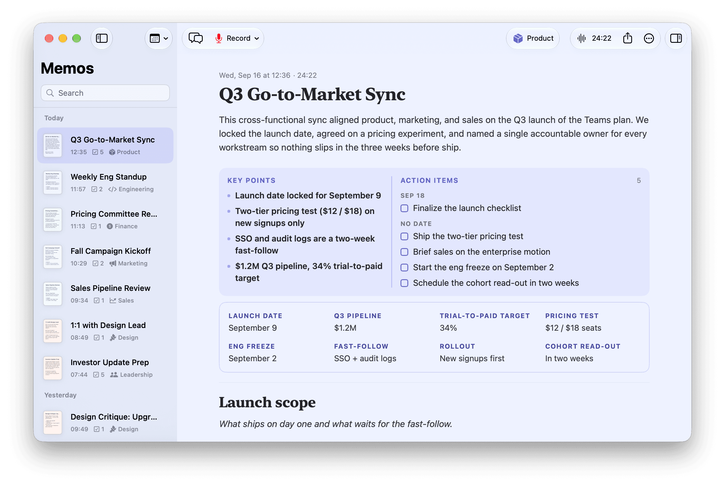 A Memo meeting summary with key points and a checklist of next steps