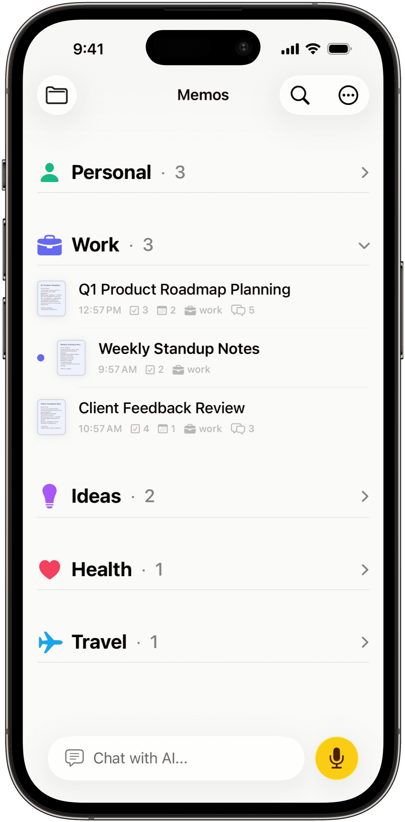 Memo’s iPhone library with color-coded notes and categories