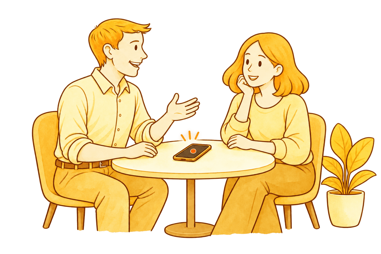 Two people having an attentive conversation across a table, with a phone placed openly between them.
