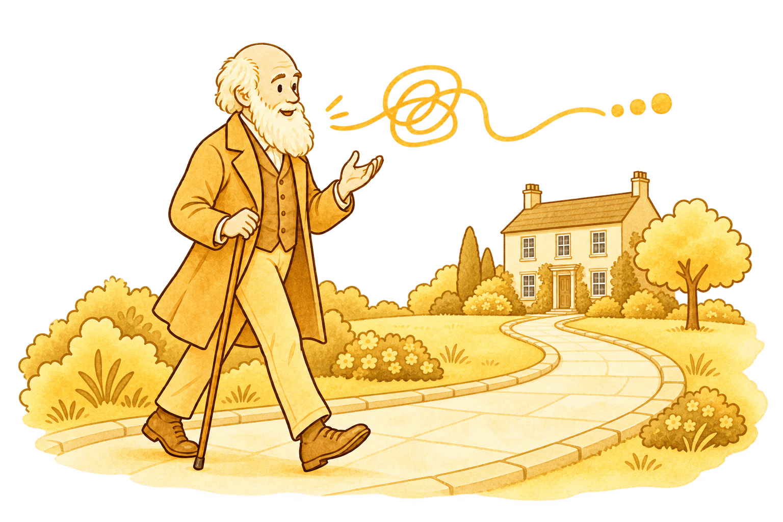 A golden watercolor illustration of Charles Darwin thinking as he walks along a paved garden path, with a country house behind him and a tangled line opening into a clear thread overhead.